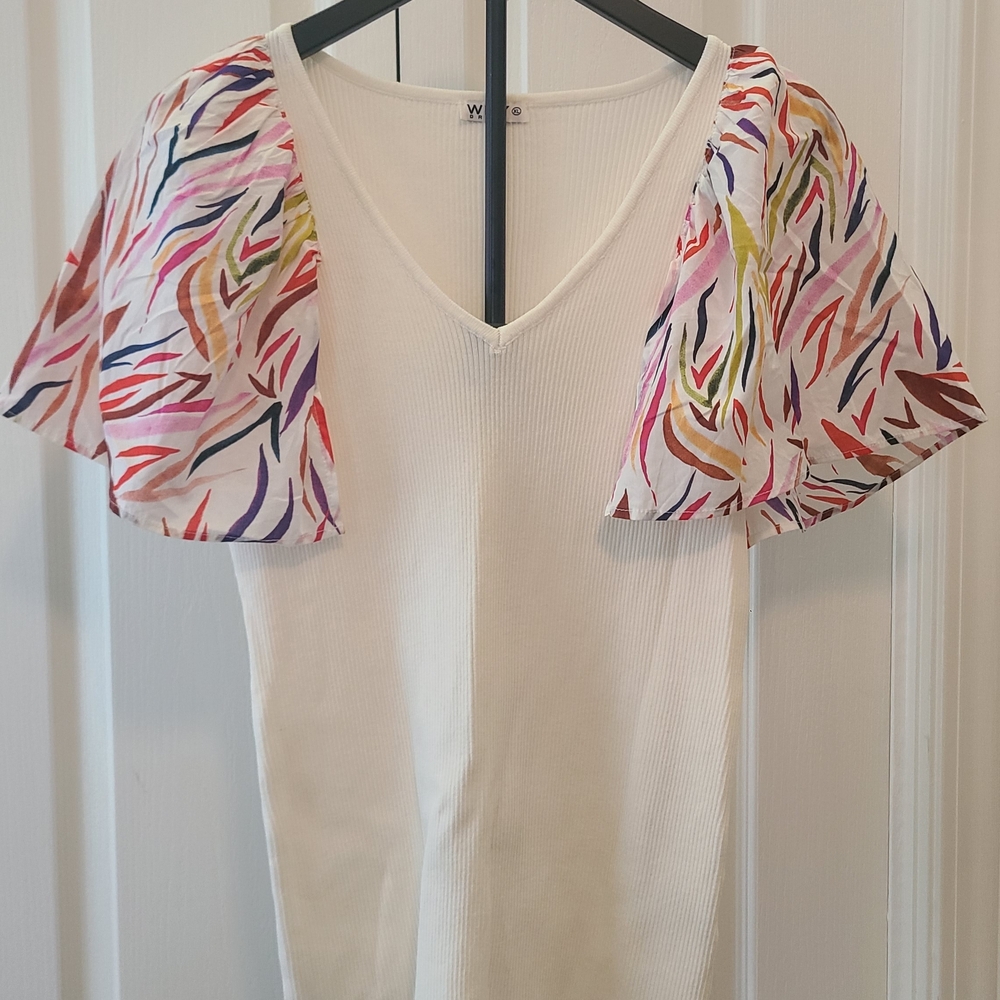 Elegant White V-Neck Blouse with Colorful Sleeves